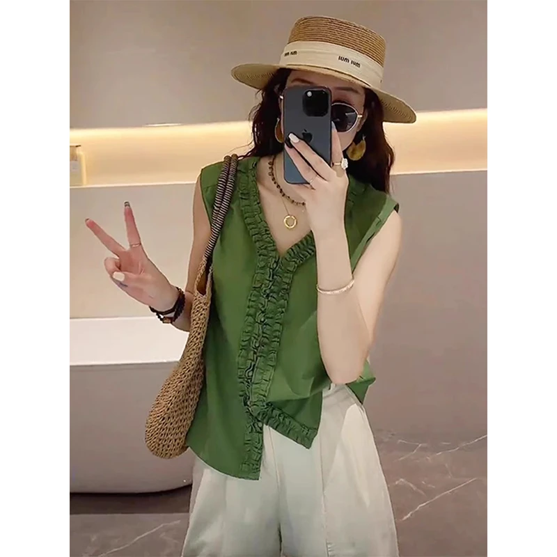 法式高级感V领无袖气质背心女夏2024新款时尚欧货荷叶边衬衫上衣