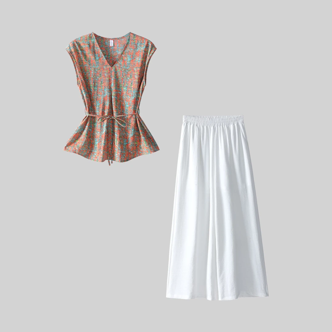 【三件套】休闲套装2025夏季新款显瘦上衣+阔腿裤+腰带套装M338