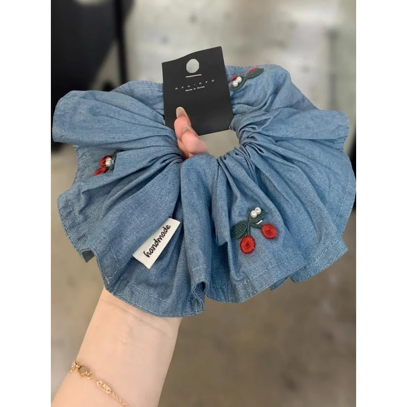 韩国小众网红时尚牛仔蓝珍珠樱桃肥肠发圈少女减龄绑发绳2025款秋