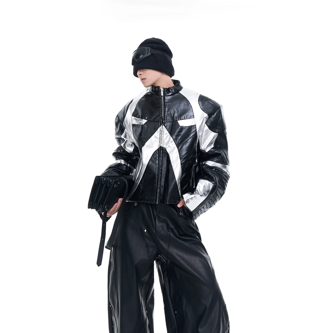 小瘦子男装 小众裁片解构设计感夹克秋冬外套拼色短款机车服皮衣