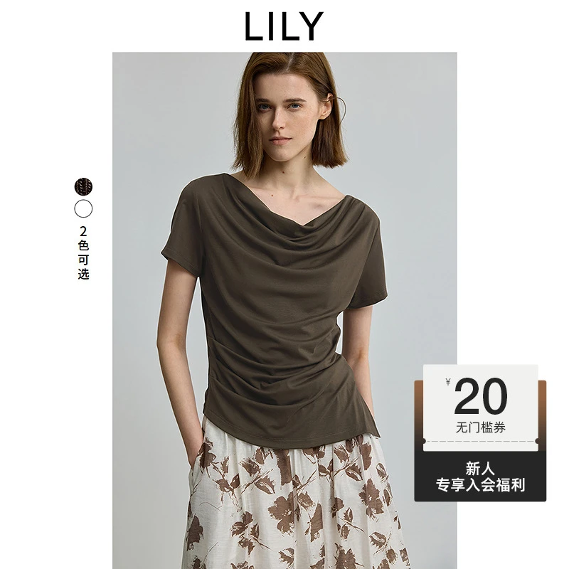 LILY2025夏新款女装法式荡领休闲弹力百搭气质短袖T恤125239VT980