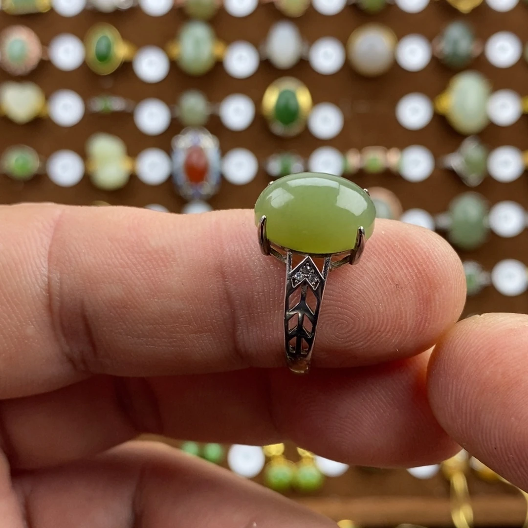 和田玉（青玉）银S925镀金镶嵌戒指