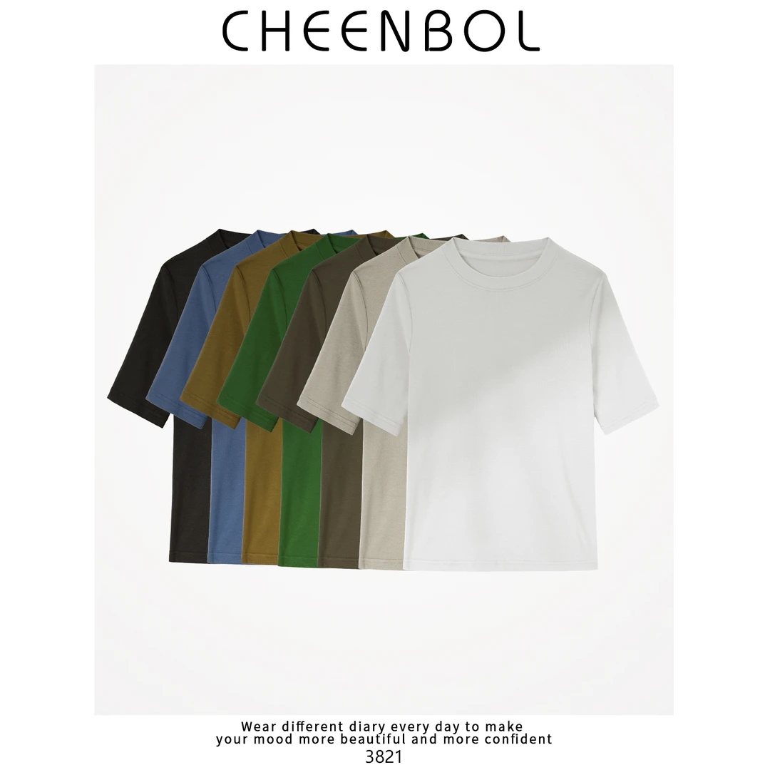 3821圆领短袖女夏季新款打底衫宽松弹力棉五分袖上衣纯色中袖T恤