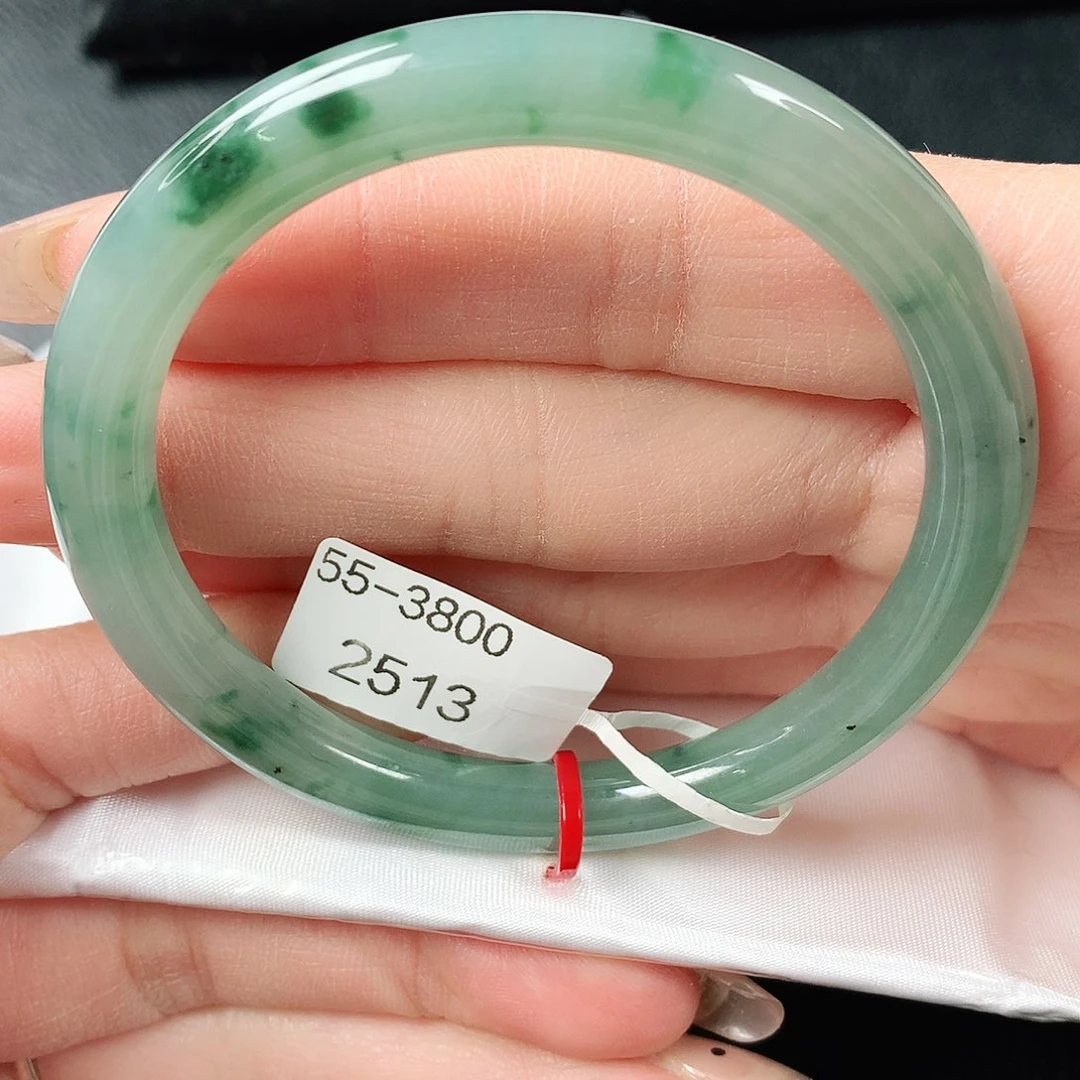 翡翠手镯未镶嵌冰飘绿圆条55圈口 73号