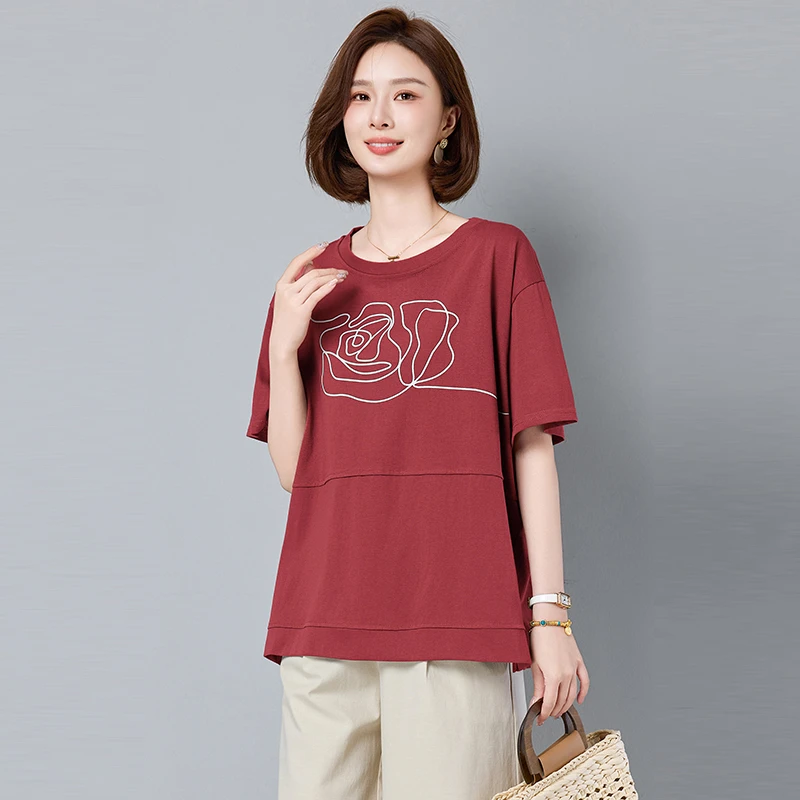 短袖印花T恤女夏季2025年新款妈妈时尚宽松显瘦百搭休闲圆领上衣