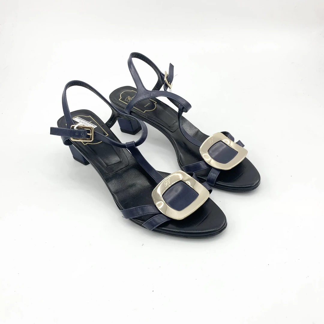 95新 Roger Vivier/罗杰·维威耶 37.5码/藏蓝色方扣凉鞋/TT250137