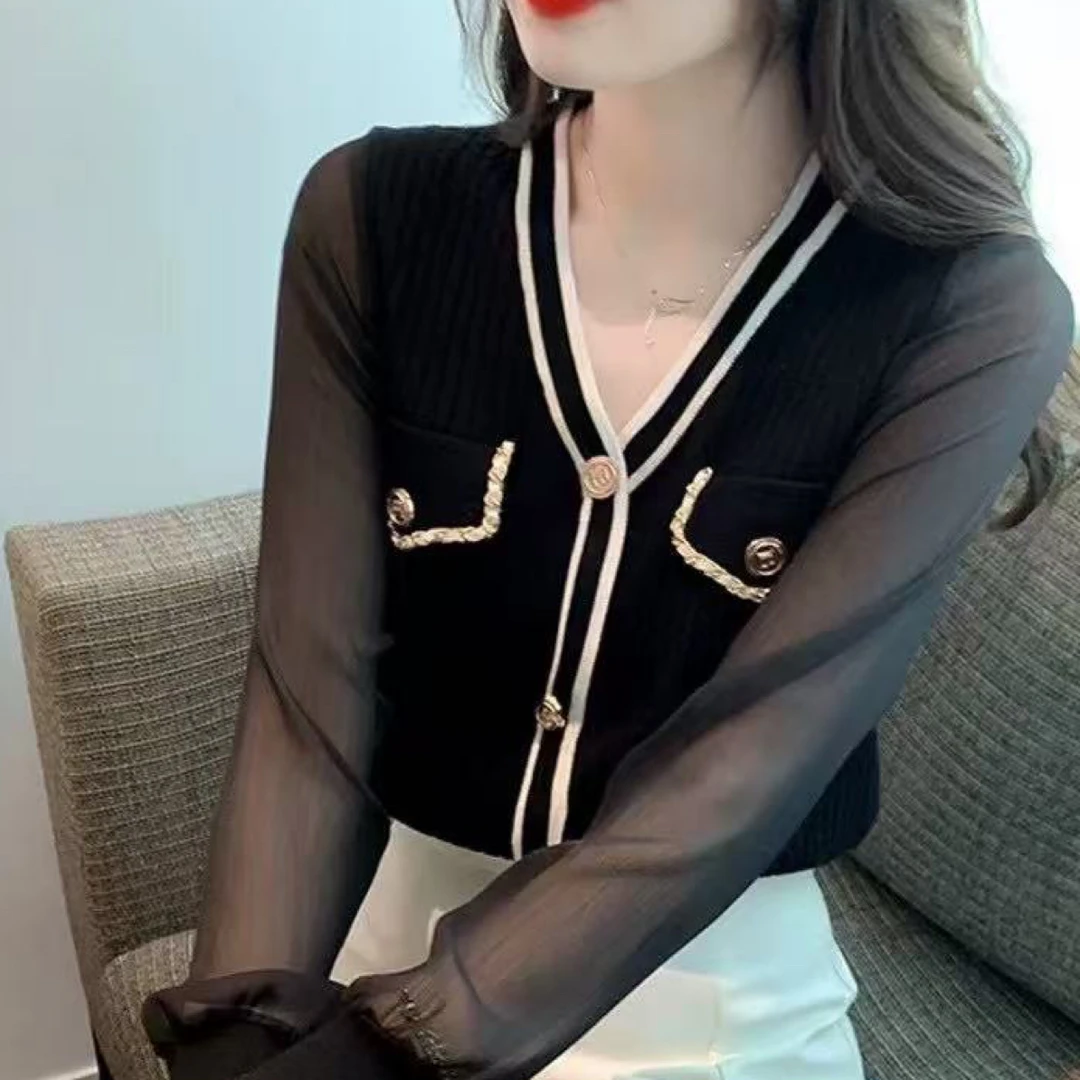 379#【衣长52】短款女拼色V领长袖毛针织衫拼接衬衫秋季小众