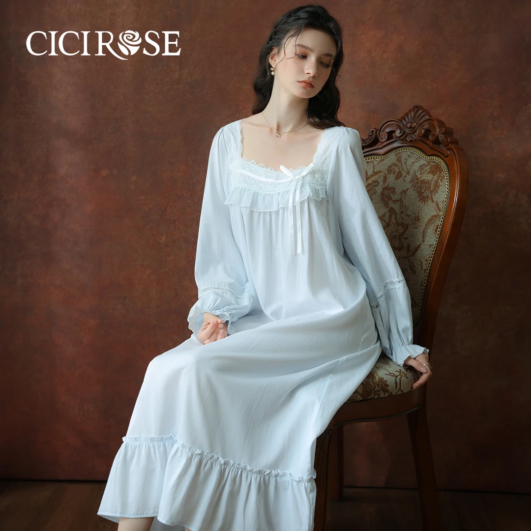 CiCiRose2025秋季新款长袖法式蕾丝花边公主风睡衣少女宫廷风睡裙