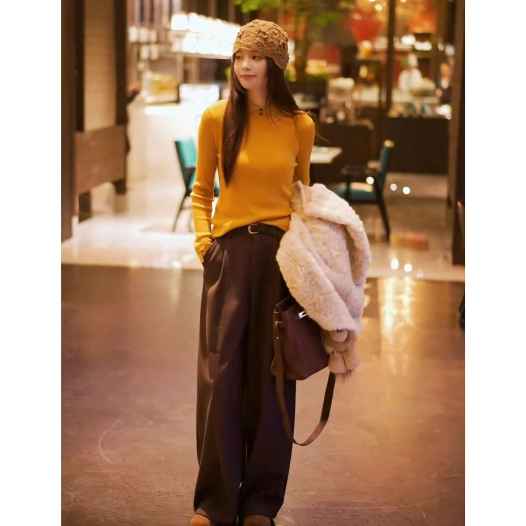 【漫游】秋冬新款纯色修身翻领长袖针织打底上衣ZZ1386