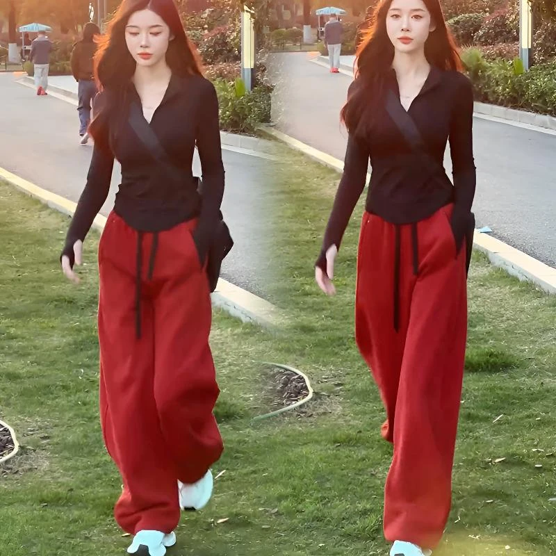 时尚套装女修身秋季新款开衫小立领T恤外套休闲阔腿束脚裤两件套