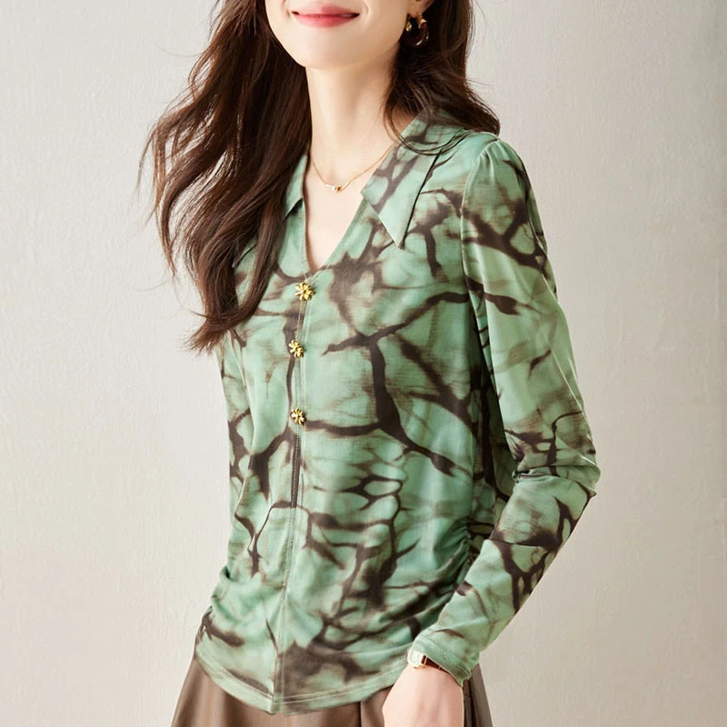 5523秋季新款扎染设计感上衣大码女装200斤长袖别致网纱T恤衬衫