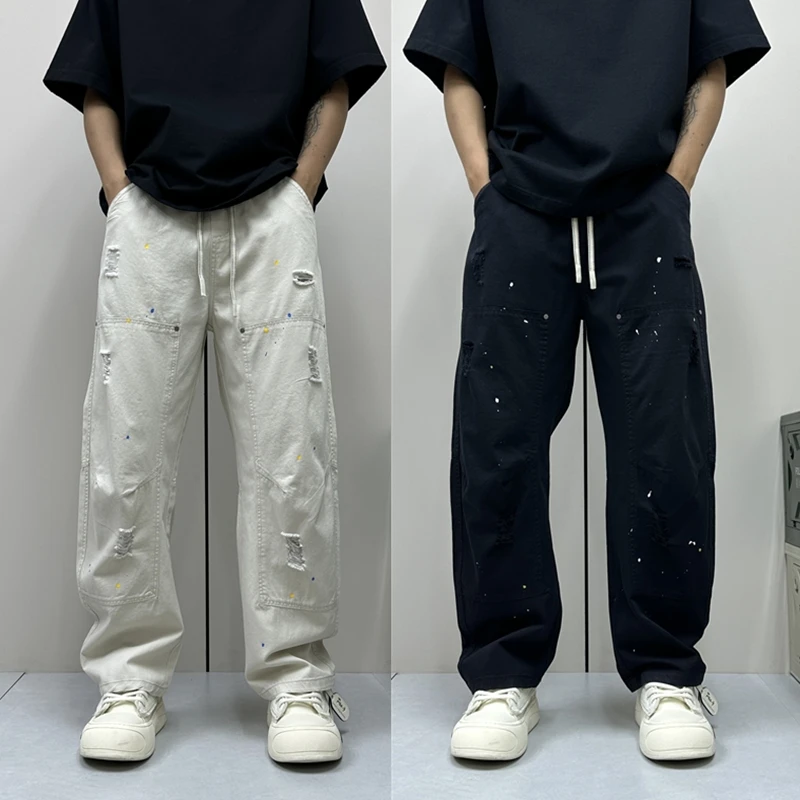 昊Studio夏季新款潮牌破洞高街水洗休闲裤男士宽松涂鸦美式直筒裤