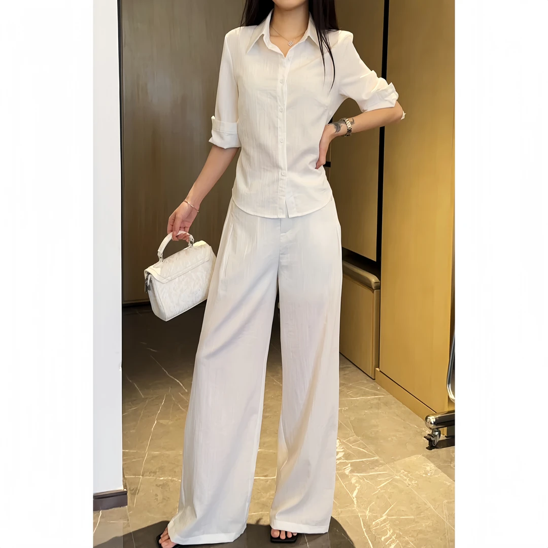 老钱风藏蓝色时尚套装女中袖翻领衬衫+高腰宽松阔腿裤休闲两件套