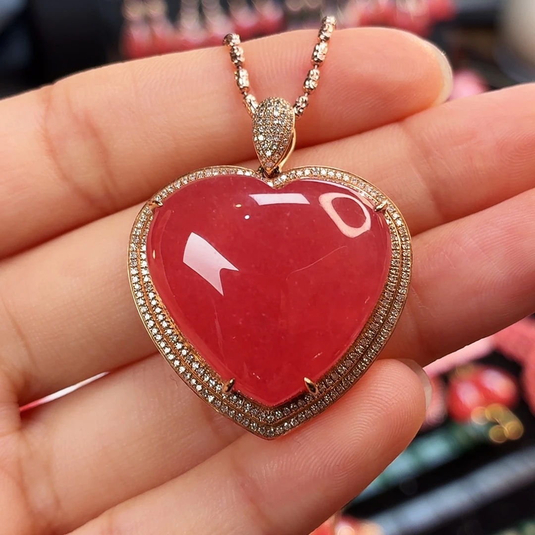 菱锰矿（红纹石）18K金镶嵌吊坠(不含链)