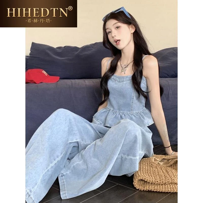 希赫丹塔减龄牛仔套装女夏装休闲辣妹吊带上衣阔腿裤牛仔两件套