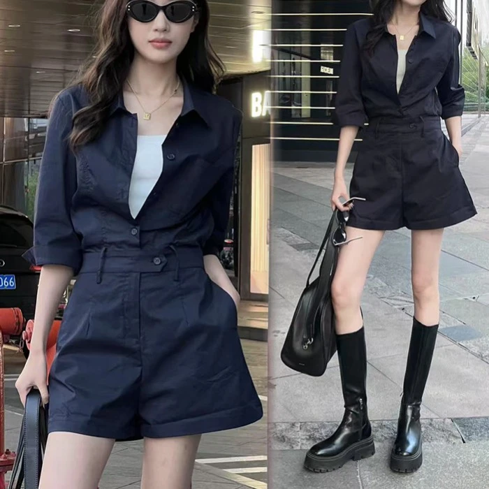 工装连体裤女2025夏季韩版宽松港味显瘦高腰帅气休闲阔腿短裤