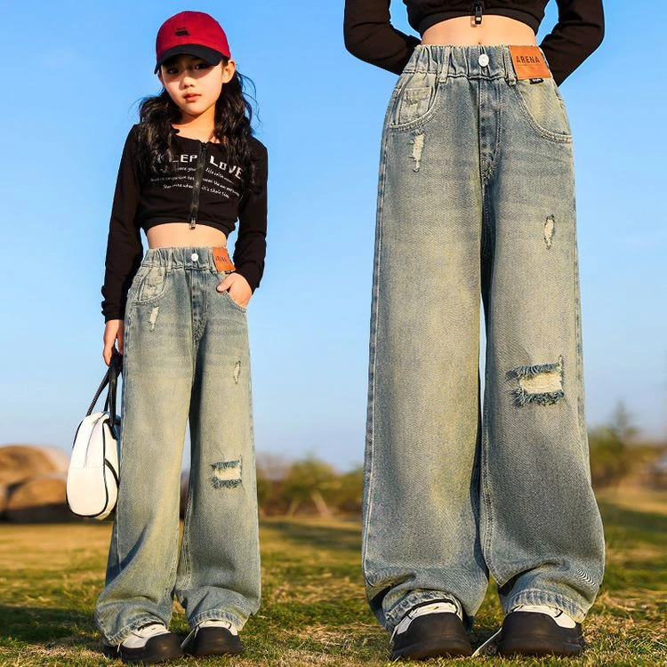 2025新款女童中大童春季破洞贴标牛仔裤-ttg