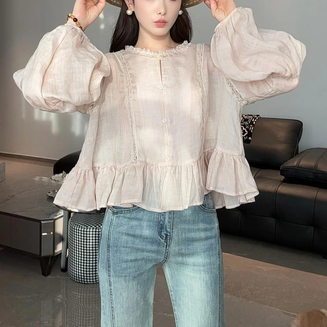 百搭蕾丝拼接衬衫2025秋季新款时尚洋气设计感荷叶花边显瘦上衣潮