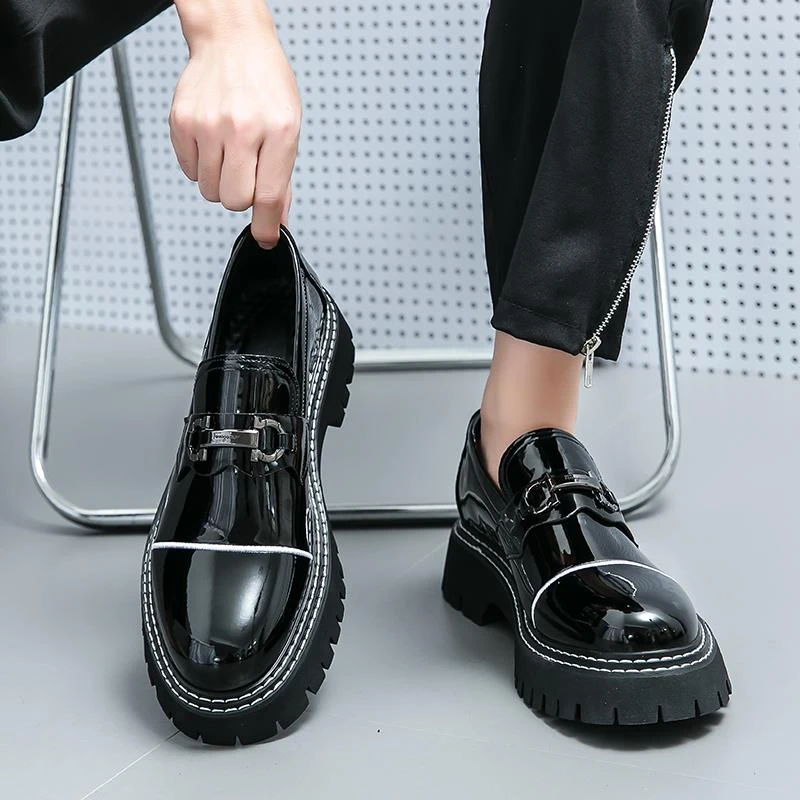 冬季新款皮鞋男厚底英伦风商务正装黑色休闲一脚蹬潮流鞋子内增高