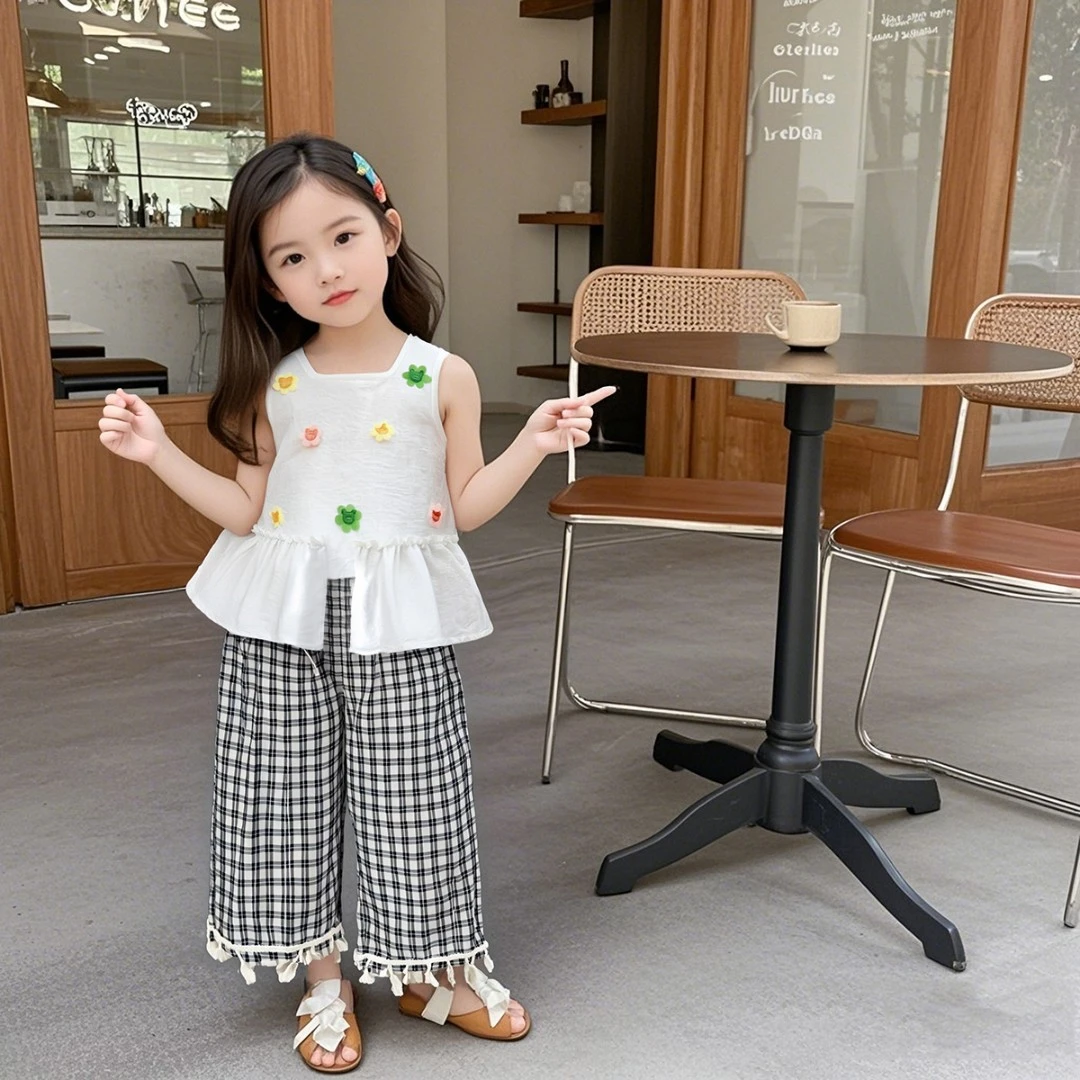 女童阔腿裤2025夏季新款时髦洋气格子无袖女孩外穿九分花边两件套