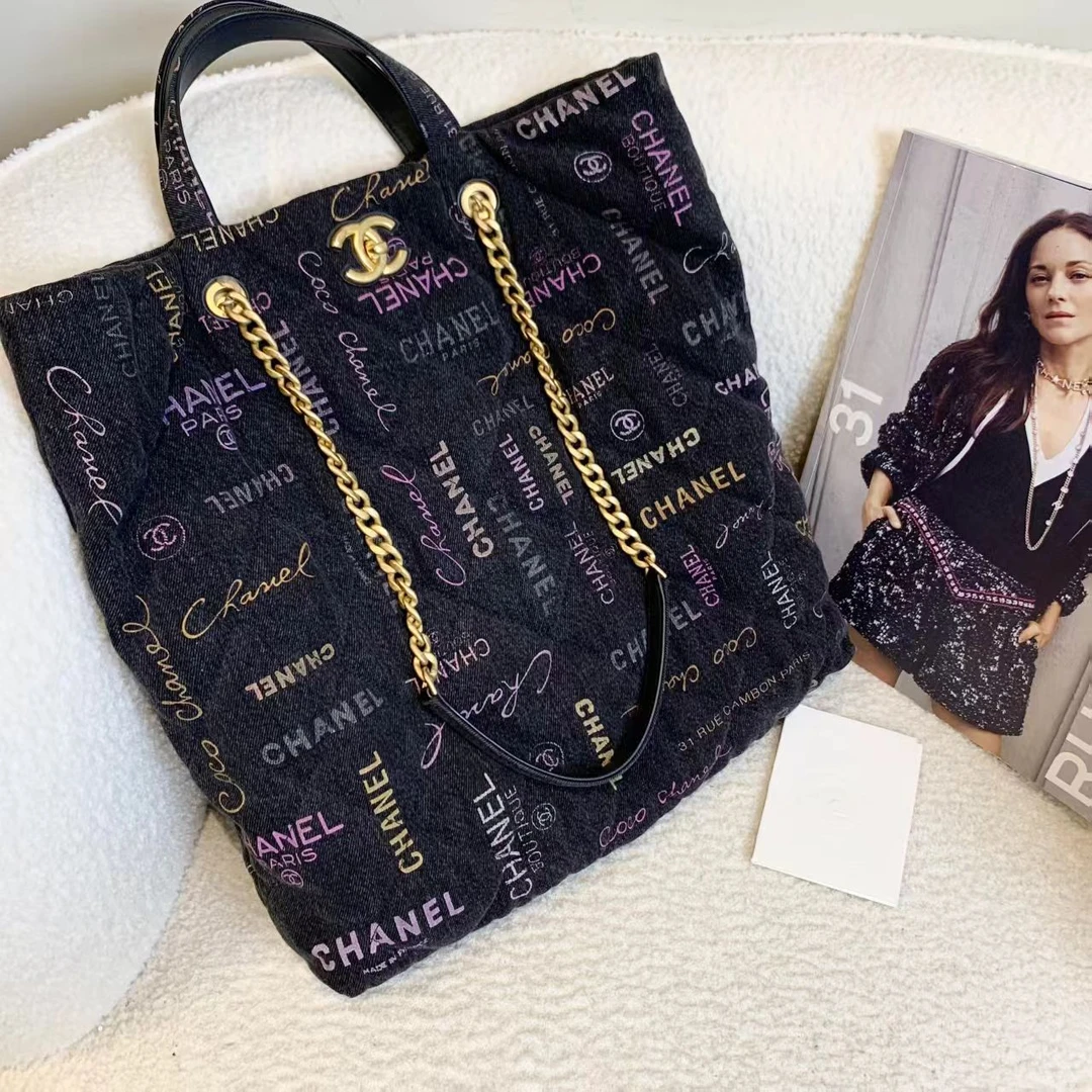 99新 Chanel/香奈儿 壹臻/22P黑色涂鸦牛仔tote /90573169