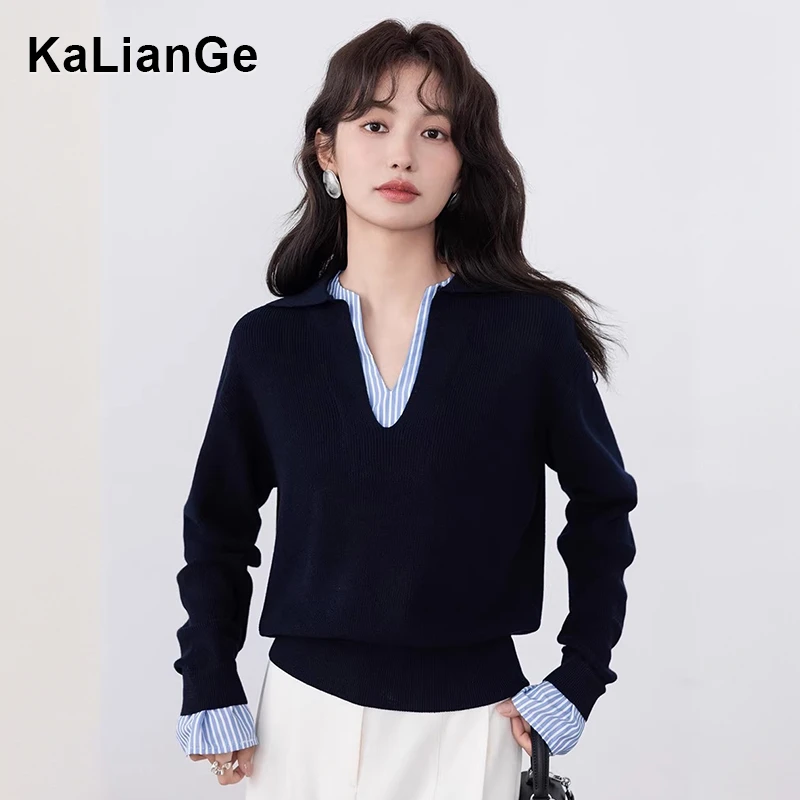 卡莲格/假两件条纹V领长袖针织衫女秋季款毛衣百搭减龄显瘦上衣