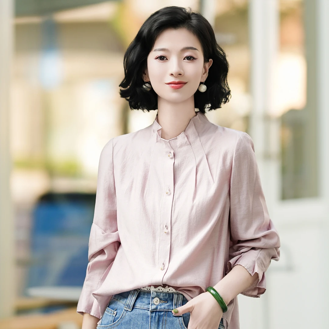 西子/【烟霞粉褶】法式设计感莫代尔醋酸手工捏褶粉色上衣/SYTJ082