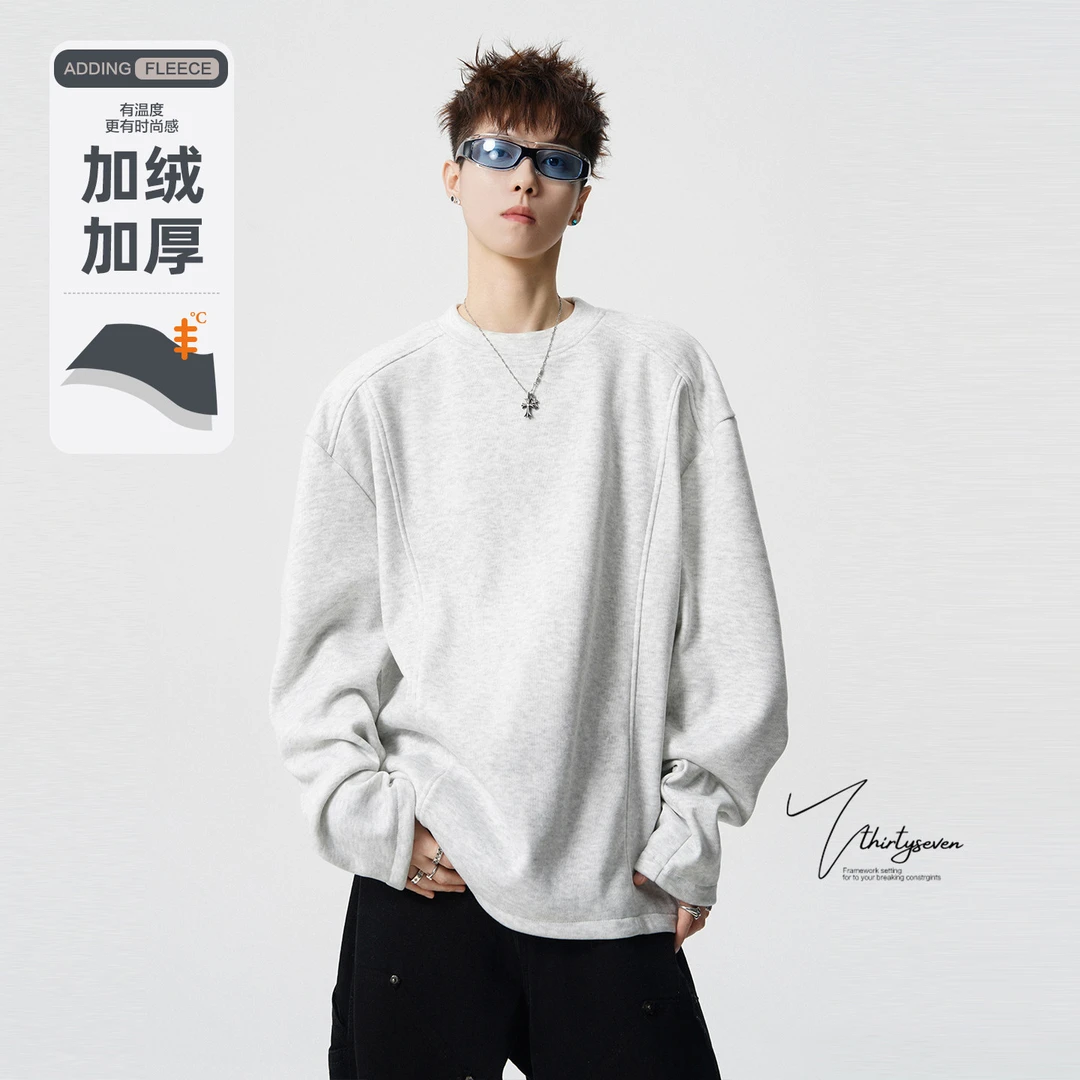 V37美式潮牌解构立裁黑色圆领卫衣男冬季加绒加厚宽松保暖长袖T恤