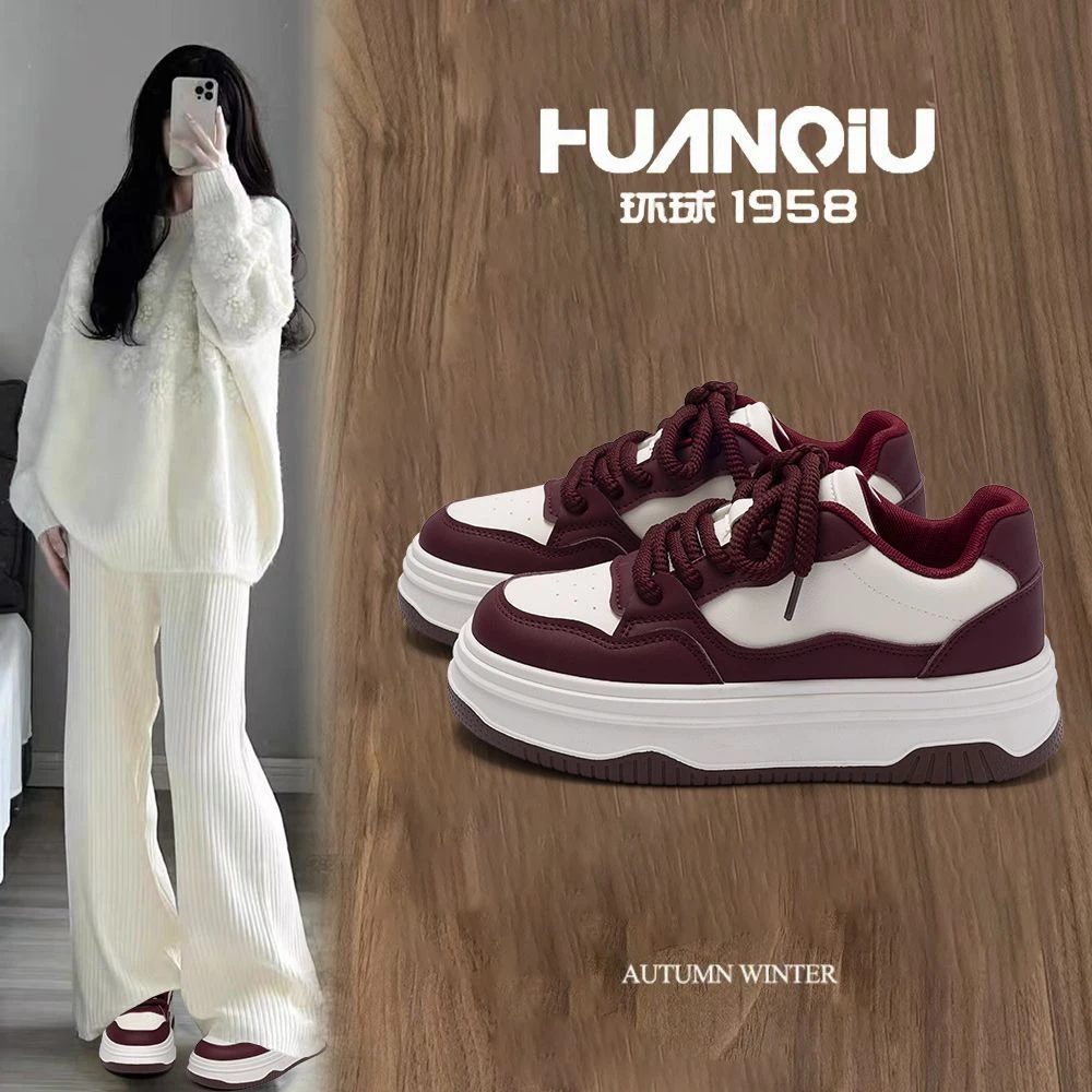 HUANQIU/环球厚底酒红高颜值增高皮面板鞋女性小众校园风学生休闲