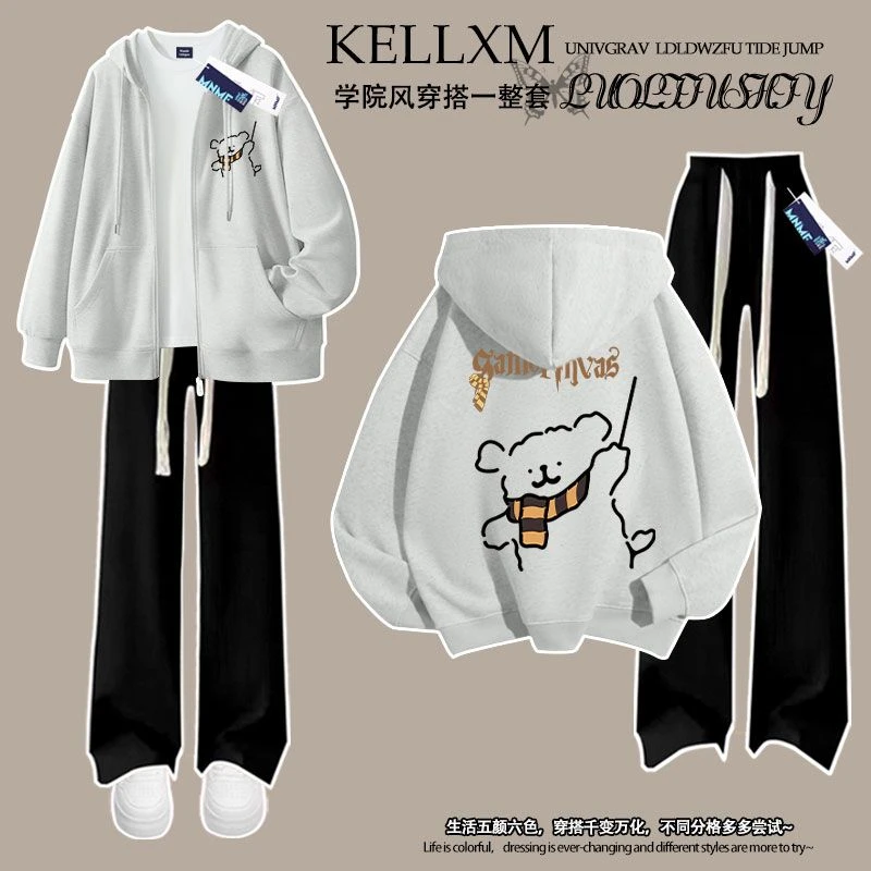 2025秋冬男女童洋气魔法小狗印花加绒拉链连帽卫衣套装初中生百搭