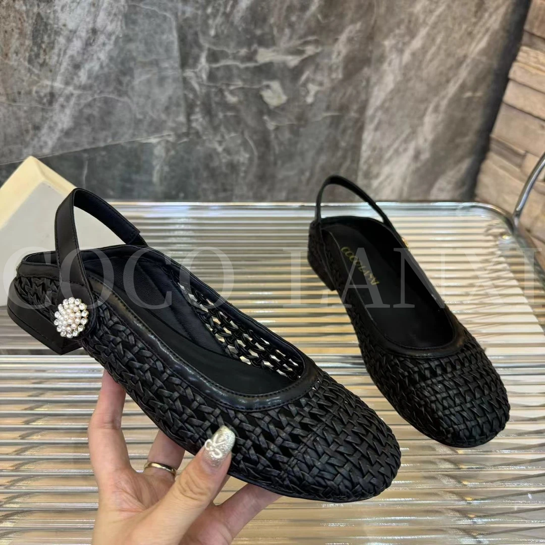 【沐风】百搭女士黑色软底后空浅口编织舒适小单鞋24DX239LX