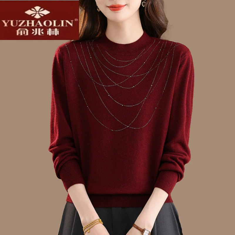 俞兆林烫钻半高领羊毛打底衫女秋冬新款保暖内搭针织衫上