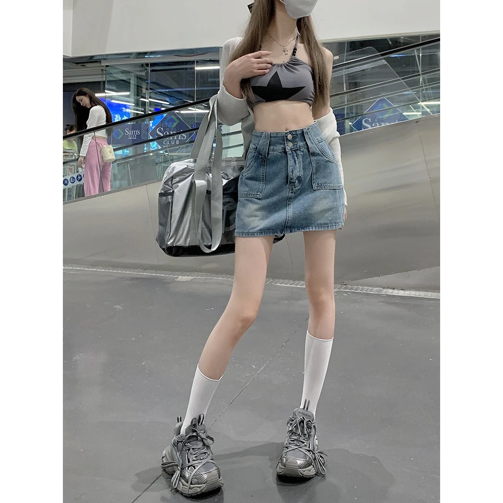 美式做旧复古刺绣牛仔半身裙女夏季高腰辣妹a字防走光包臀短裤裙