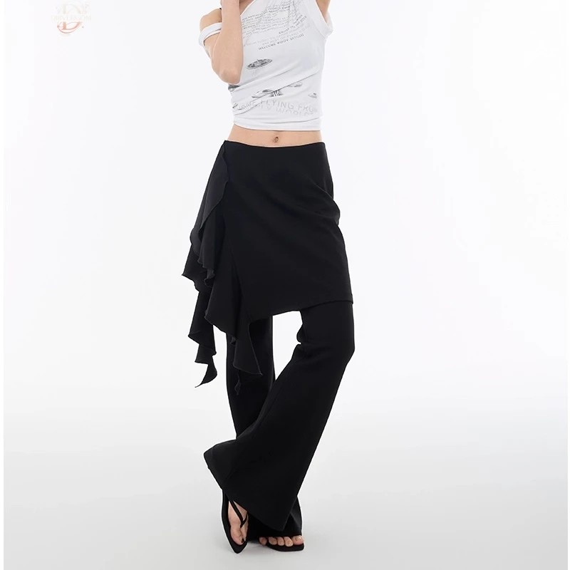 纯欲慵懒风休闲裤女春夏高级感弹力百搭垂感微喇裙裤黑色显瘦长裤