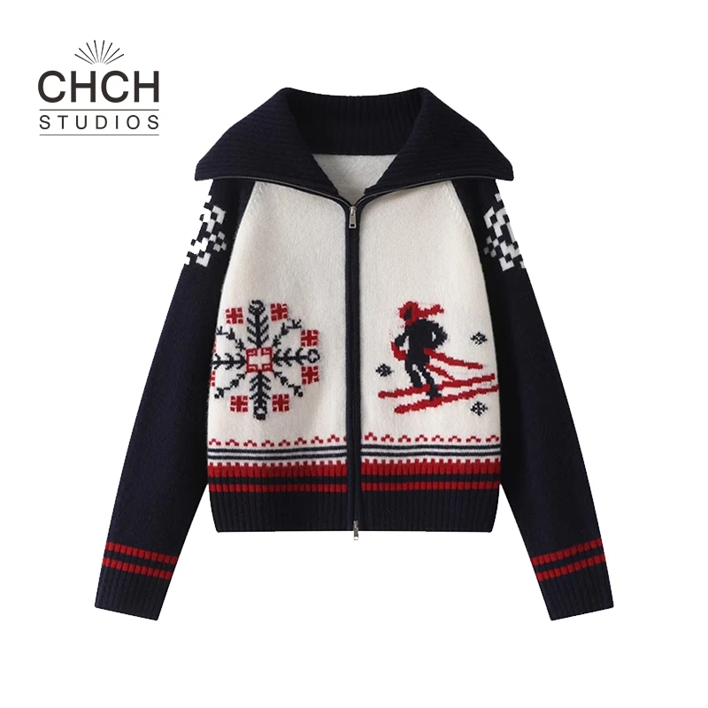 RAQKS12375秋冬季新款翻领滑雪提花毛衣外套休闲减龄针织开衫