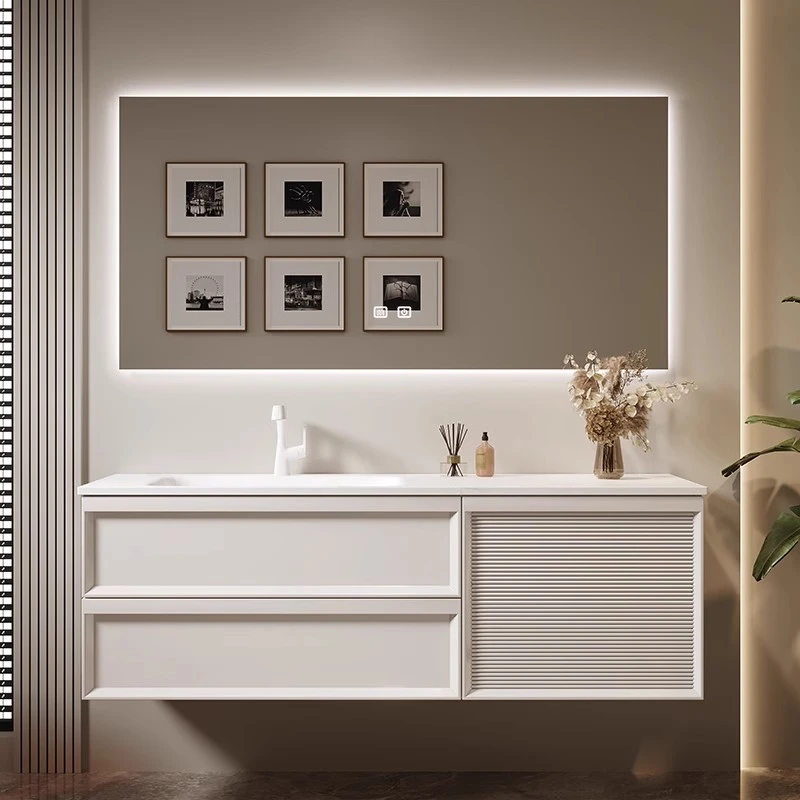 法式奶油风浴室柜组合卫生间岩板热弯一体盆实木烤漆洗漱台定制