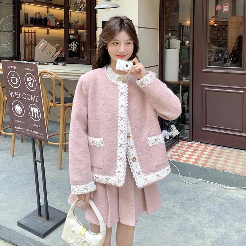 粉色氛围感小香风套装裙女2025春季新款蕾丝花边外套半身裙两件套