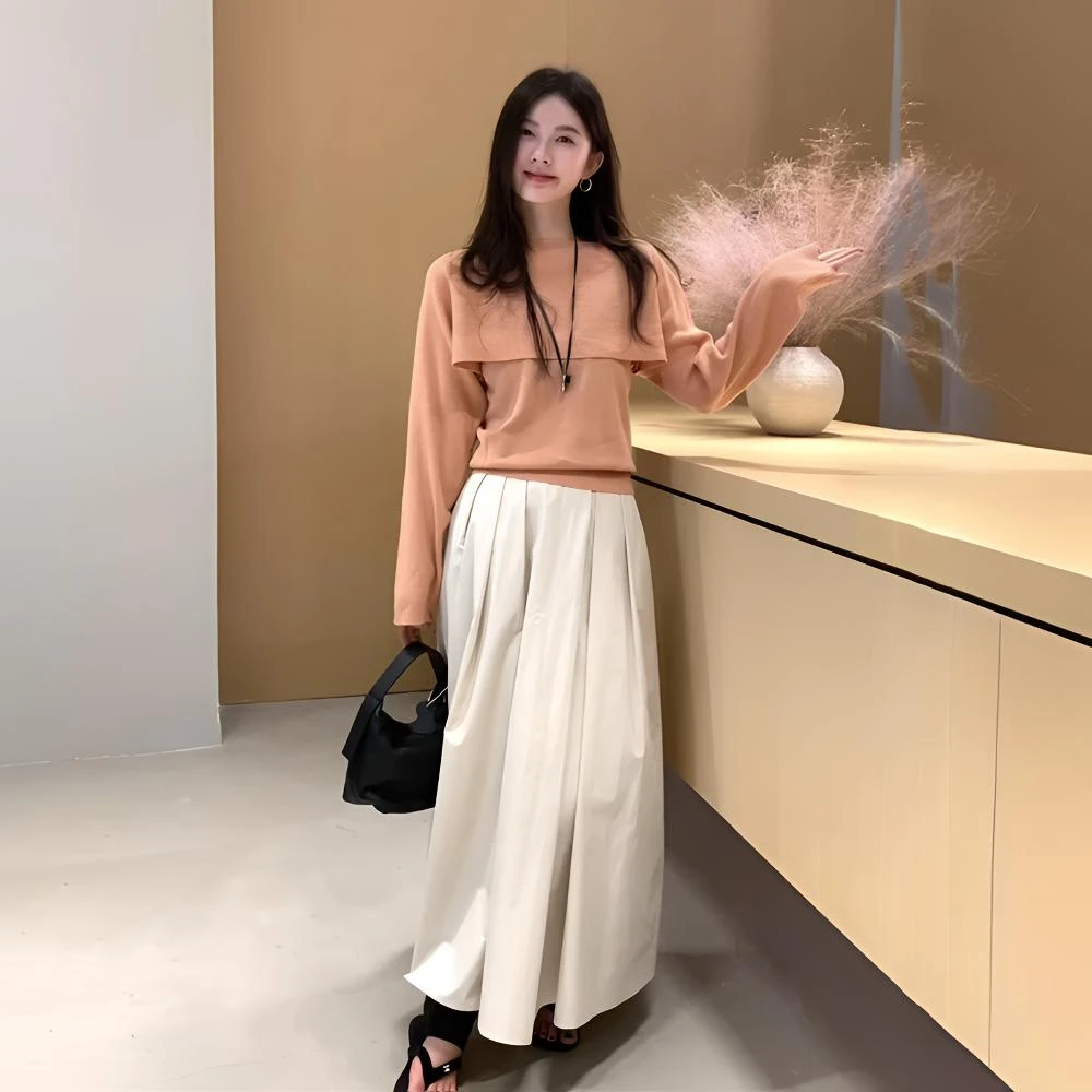 2025秋季新款长袖假两件橘粉上衣搭法式半身裙气质百搭减龄