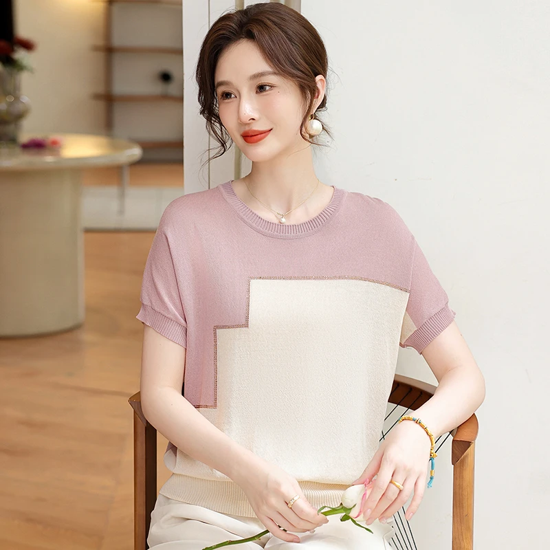 妈妈装中老年春夏季提花针织短袖50-60短袖透气清凉时尚上衣穿搭