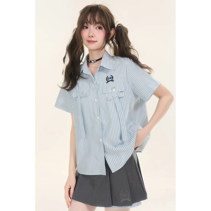 日系学院风条纹蝴蝶结短袖衬衫女2025夏季白色蓝色衬衣裤子