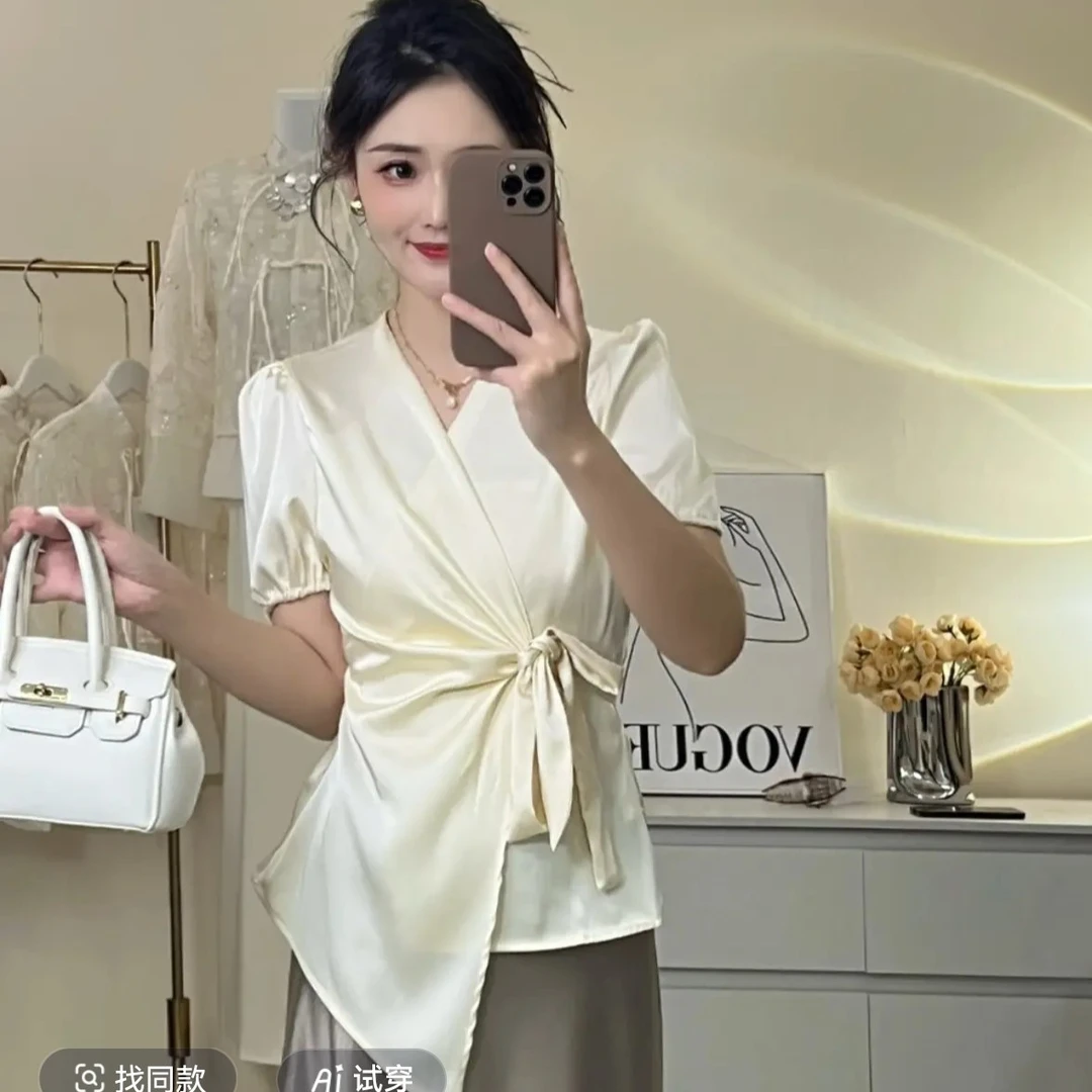 醋酸缎面领衬衫女高级感时尚洋气交叉绑带衬衣成熟御姐上衣法式