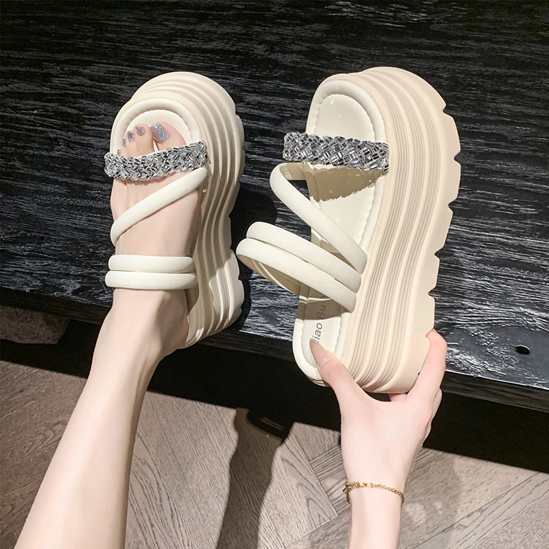 增高小众厚底凉鞋时尚夏外穿厚底运动网红休闲ins百搭水钻女拖鞋