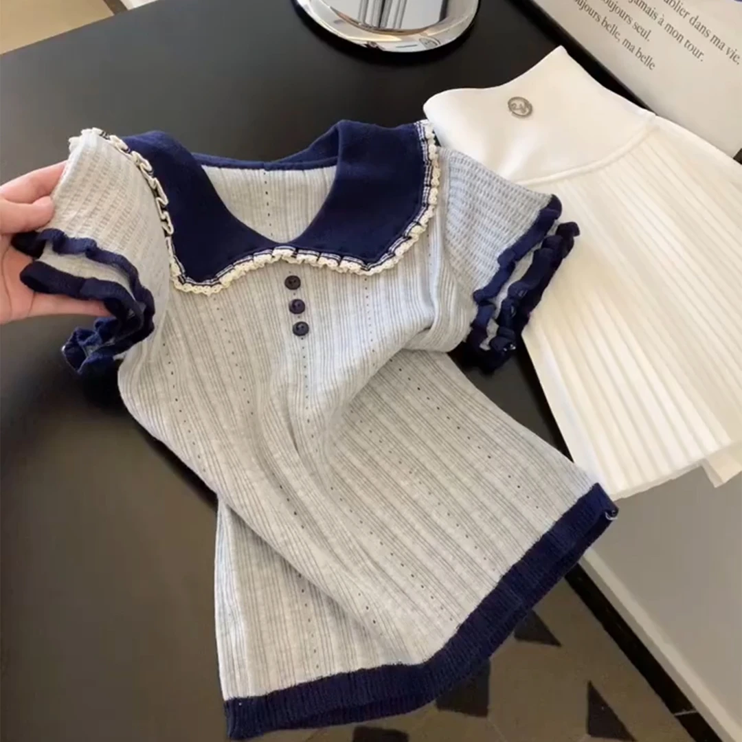 法式波浪边撞色短袖针织衫女2025夏季新款娃娃领设计感显瘦上衣潮
