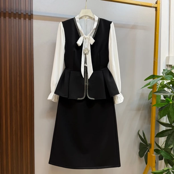 早秋新款时尚气质领带结衬衫马甲半身裙三件套套装