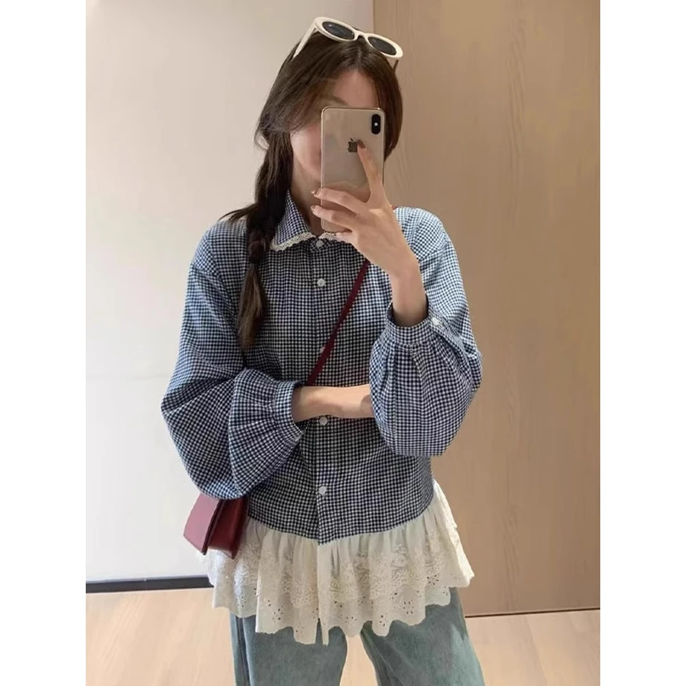 法式蕾丝花边拼接娃娃领衬衫女春季设计感小众甜美格纹外套衬衣潮