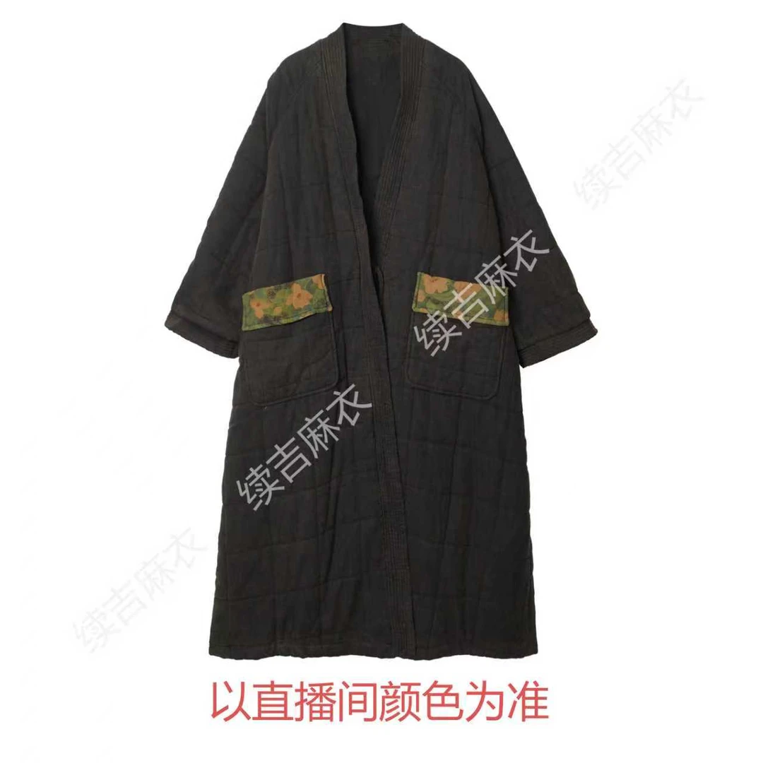 冬-续吉麻衣25-2490【独月孤怀】亚麻复古炒色老钱风中长款大棉衣