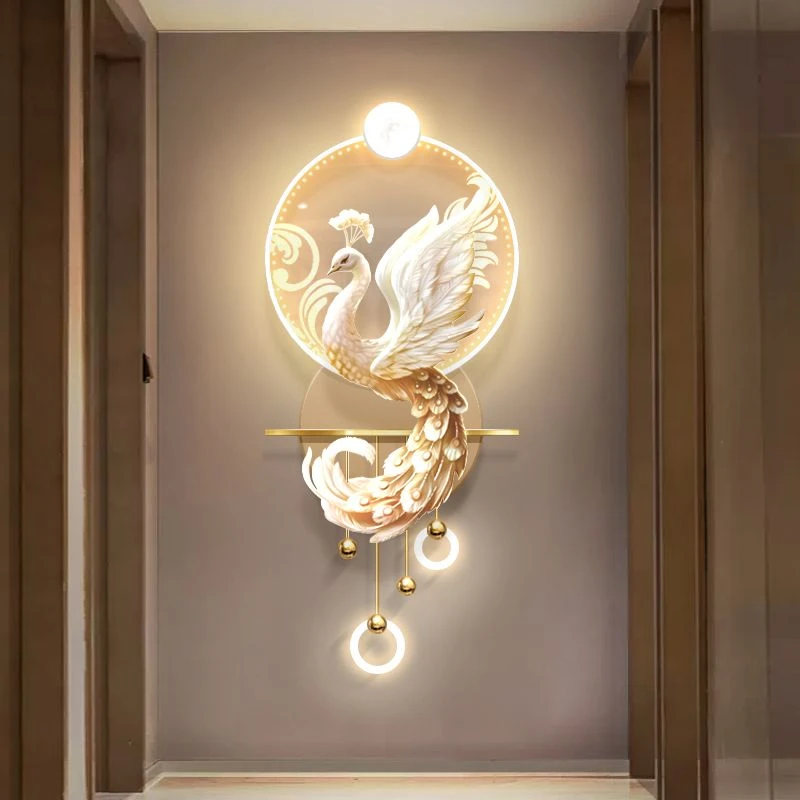 奶油风玄关装饰画孔雀走廊尽头创意壁灯挂画简约led立体发光壁画
