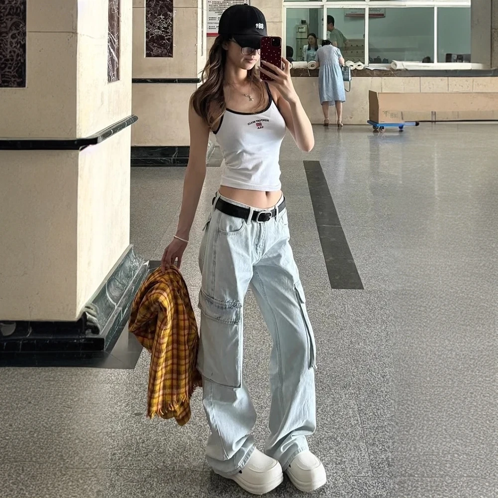 美式破洞阔腿牛仔裤女夏季新款显瘦高个子宽松高腰直筒百搭拖地裤