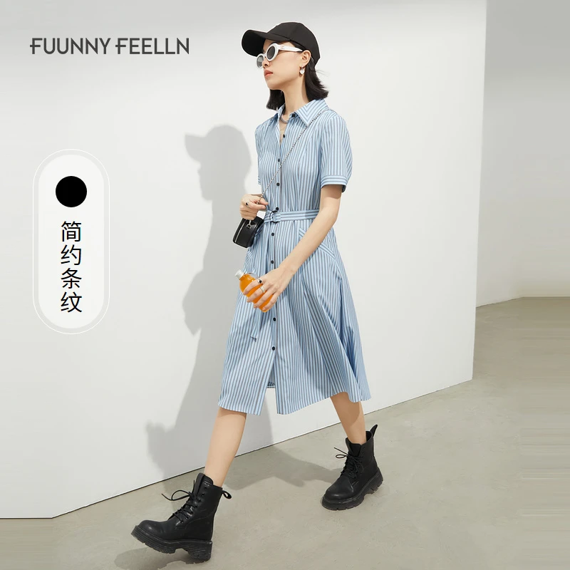 FF仿佛夏季百褶条纹衬衫女装连衣裙气质修身收腰显瘦宽松FF01402