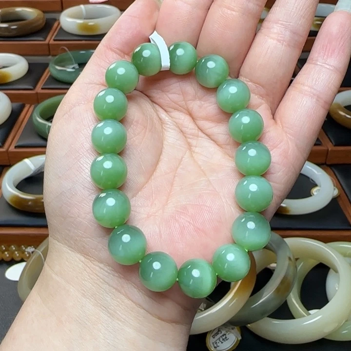 和田玉（碧玉）未镶嵌手链  绿猫一线天